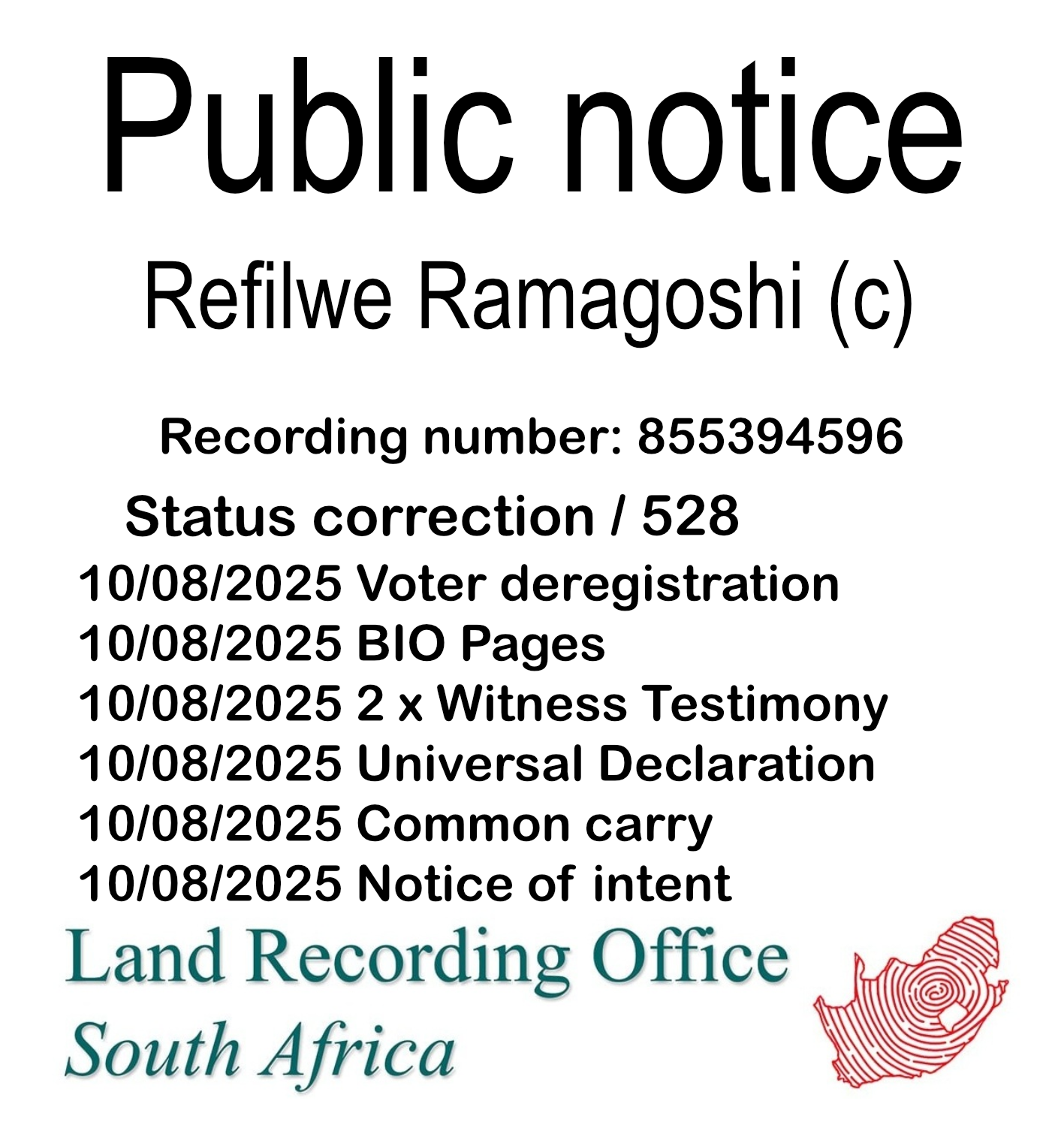 Public notice Refilwe Ramagoshi (c) Recording number 855394596